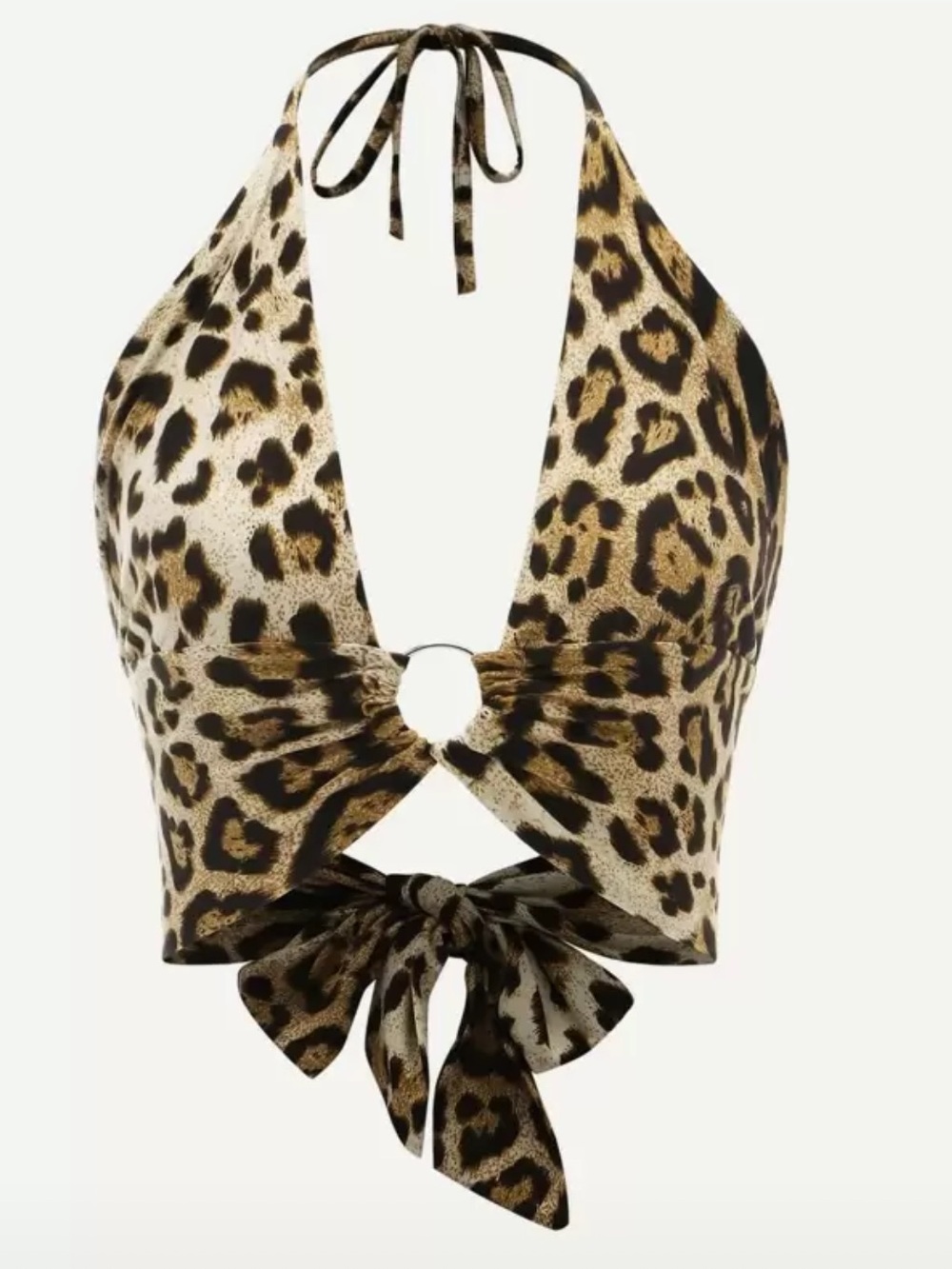 SHEIN Leopard Halter Ring-Tie Plunge Crop Top - Tan, Black sm